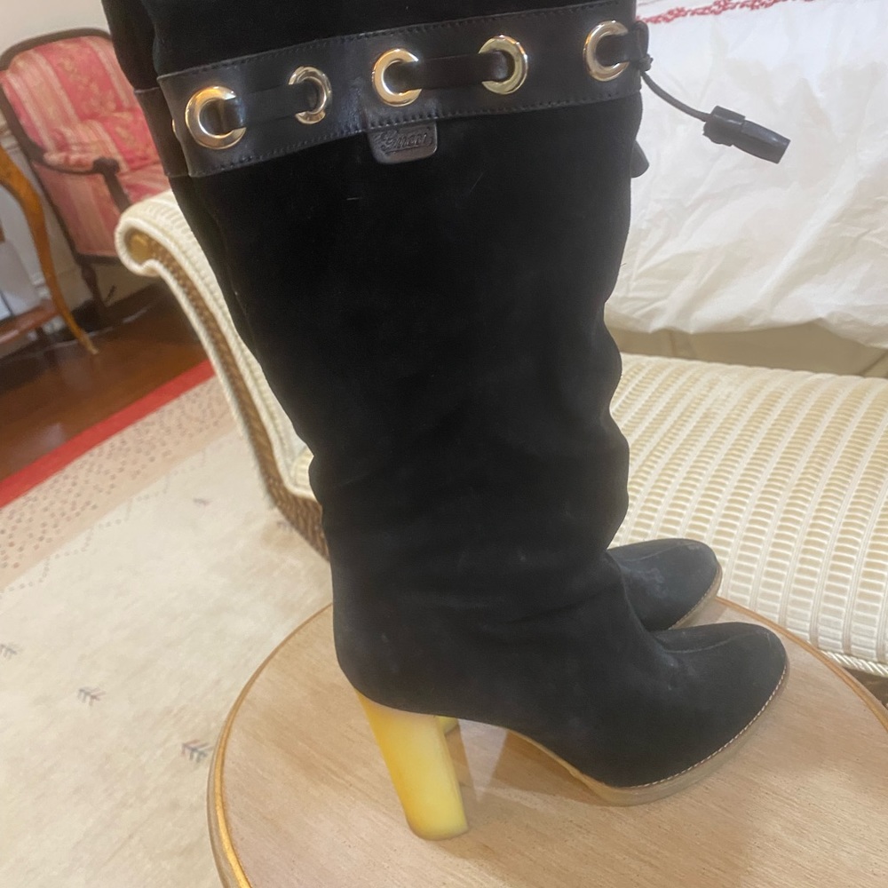 Gucci boots shearling suede black high heels Tom ford era